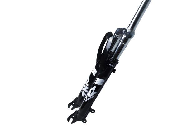 Вилка GRINZ ES 225-2 24"*1.1\8" 200мм, дисковый тормоз, пружина, стальная, безрезьбовая, черная\белая, 2,55кг